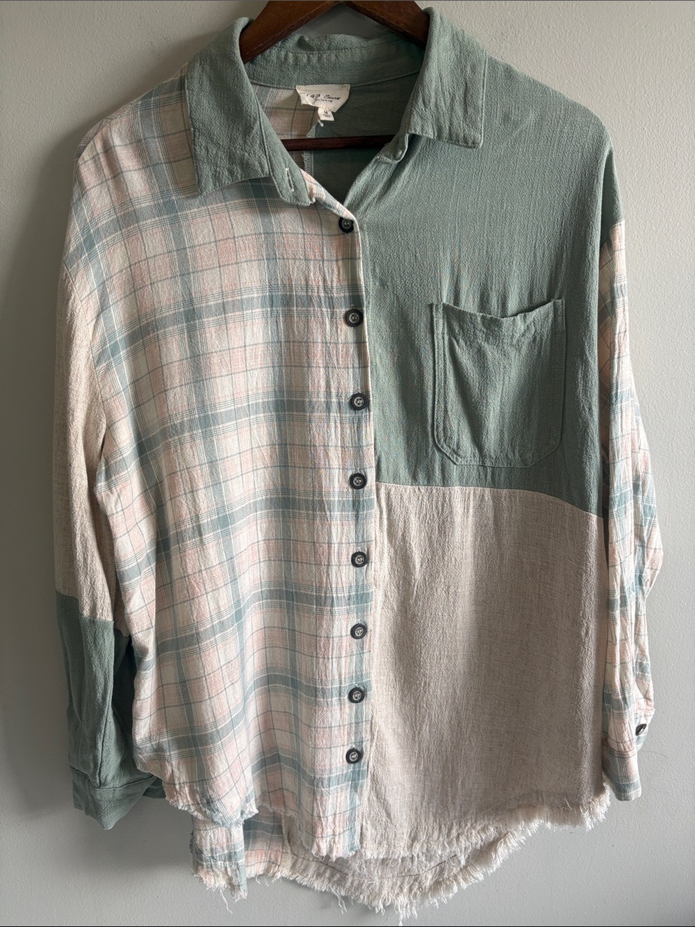 143 Story Linen Blend Colorblock Plaid Button Up Shirt M Boho Gauze Fringe Hem
